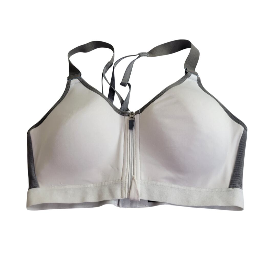 MTA Sport Wire Free Sports Bra Size Large White Gray Zip Front Athleisure Gym